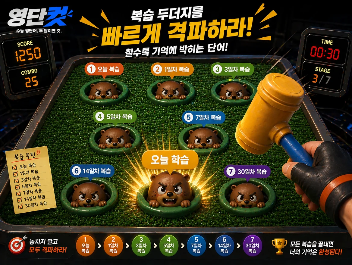 복습 두더지를 빠르게 격파하라 — 오늘 복습부터 1·3·5·7·14·30일차 복습까지 일곱 두더지를 모두 잡으면 기억이 완성돼요