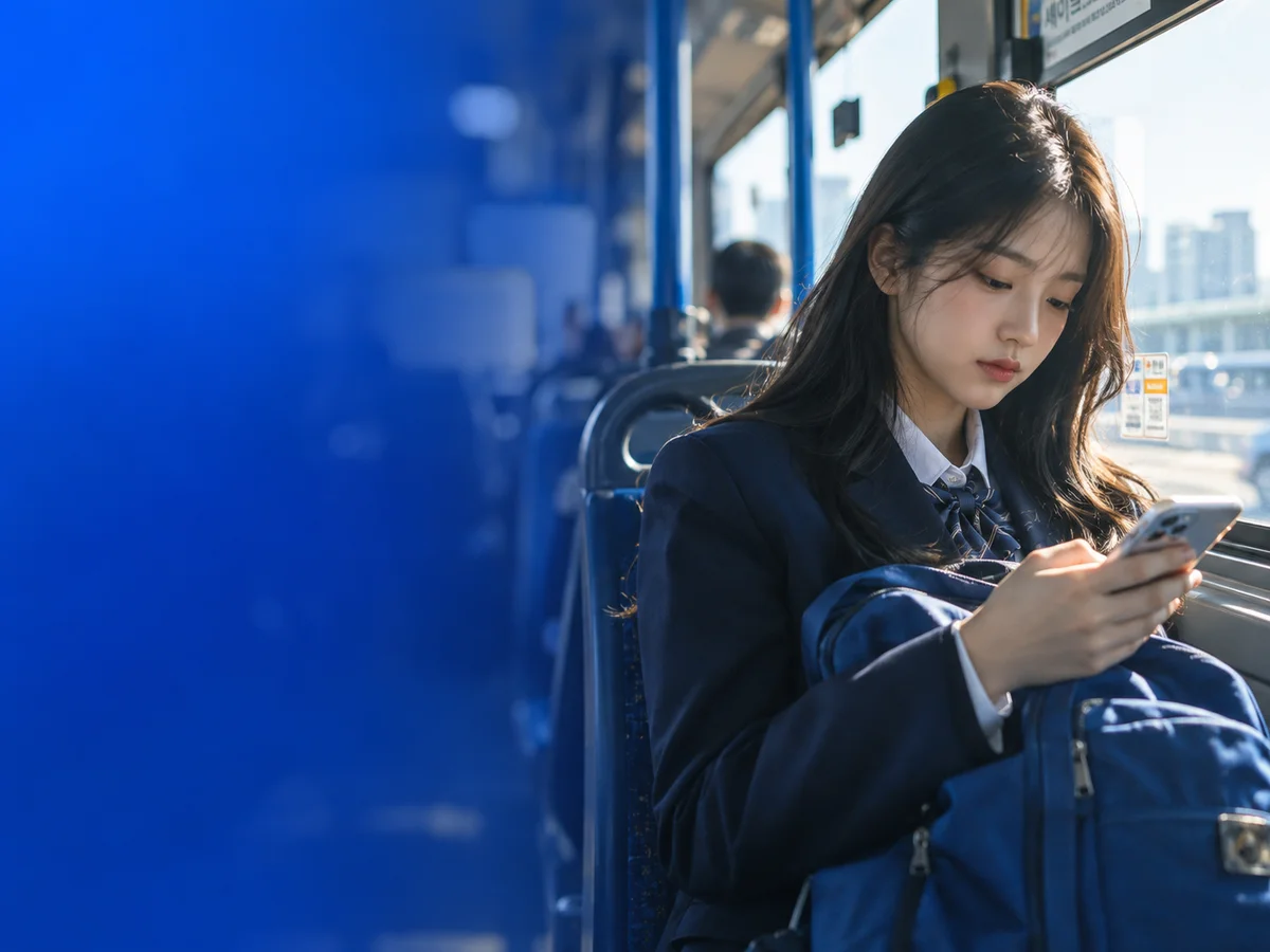 등굣길 버스에서 휴대폰으로 영단어를 넘기는 학생