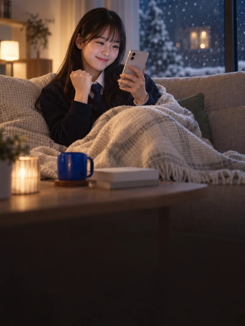 담요를 덮고 소파에 앉아 휴대폰으로 영단어를 공부하는 학생