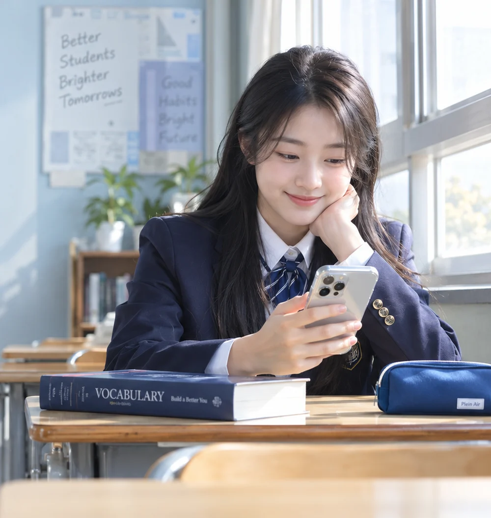 교실 창가에서 휴대폰으로 영단어를 넘기며 웃는 학생