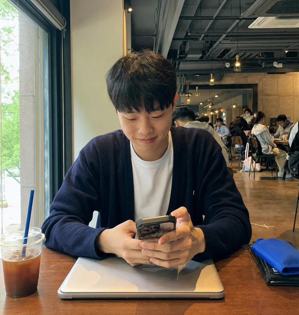 캠퍼스 카페 창가에서 휴대폰으로 영단어를 넘기는 대학생